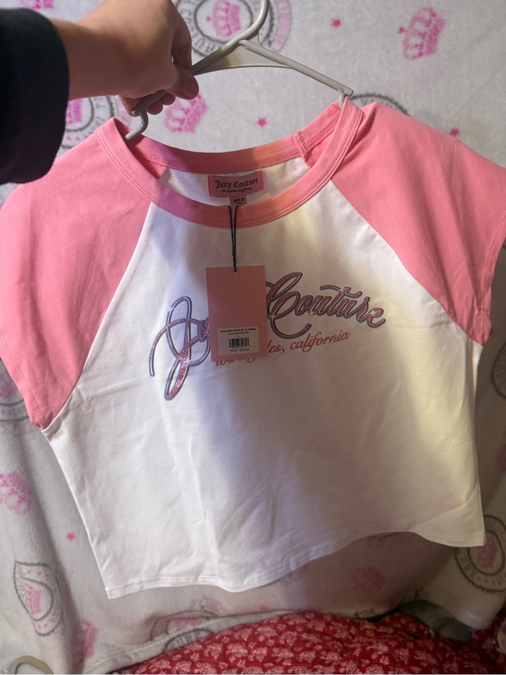 Juicy Couture White Tee with Pink Raglan Sleeves & Logo